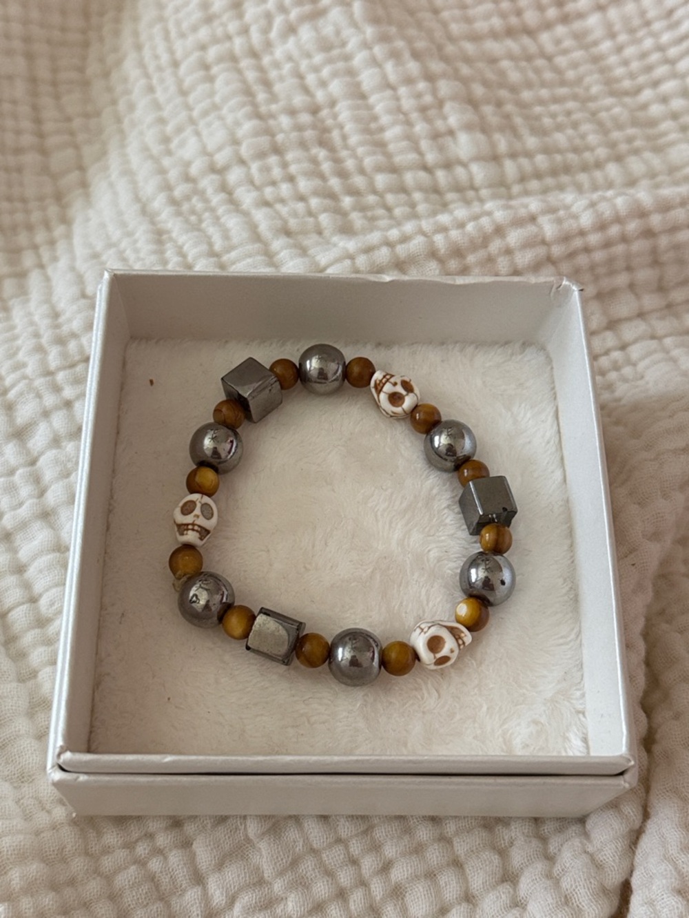 Skull beaded bracelet gold tan silver grey mixed metals